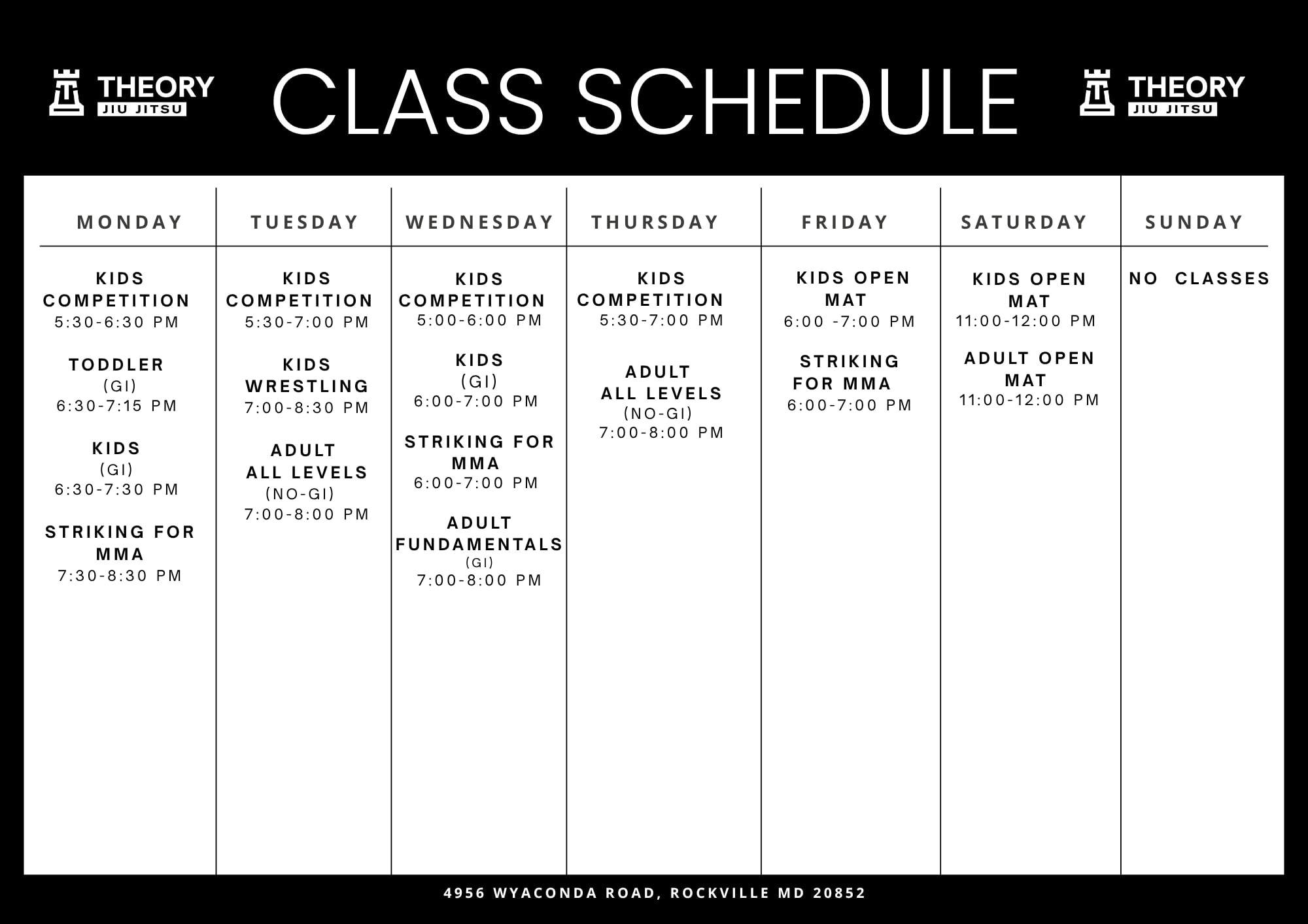 Theory Jiu Jitsu weekly class schedule