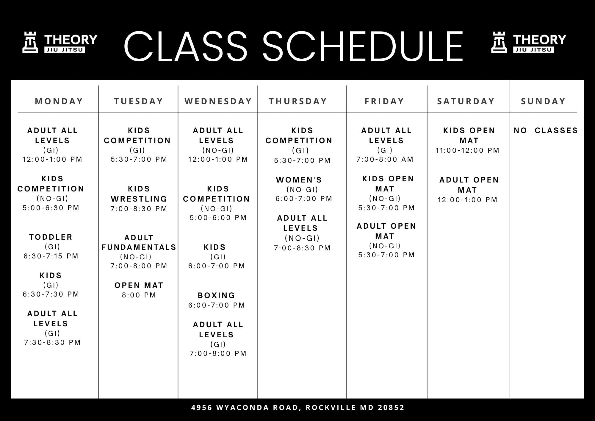 Theory Jiu Jitsu weekly class schedule